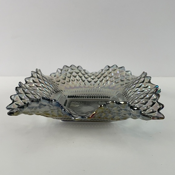 Iridescent Smokey Grey Carnival Glass Square Diamond Design Saw Tooth Edge Dish - Picture 10 of 10